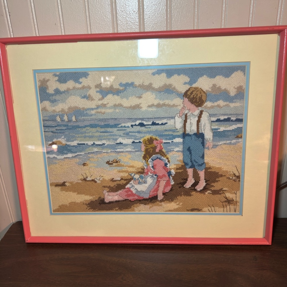 Framed Beach Scene Needlepoint Art
